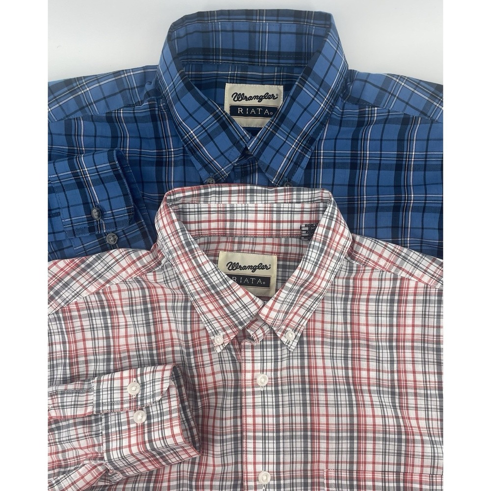 Wrangler Riata Shirt 2 Pack Bundle Mens Med Blue Red Plaid Button Down Western